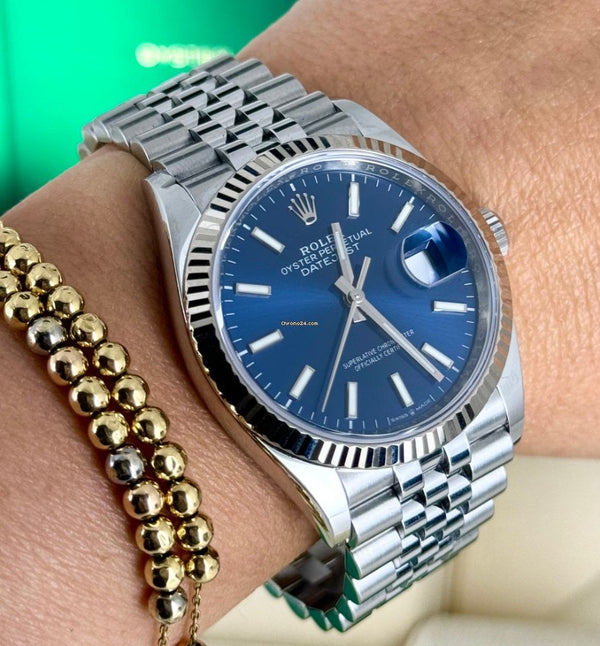 Datejust 36 Blue Stick Dial Box Papers Jubilee 18K white gold bezel